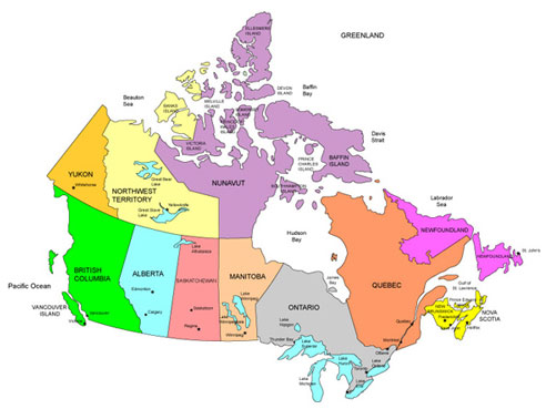 カナダの地図　州一覧